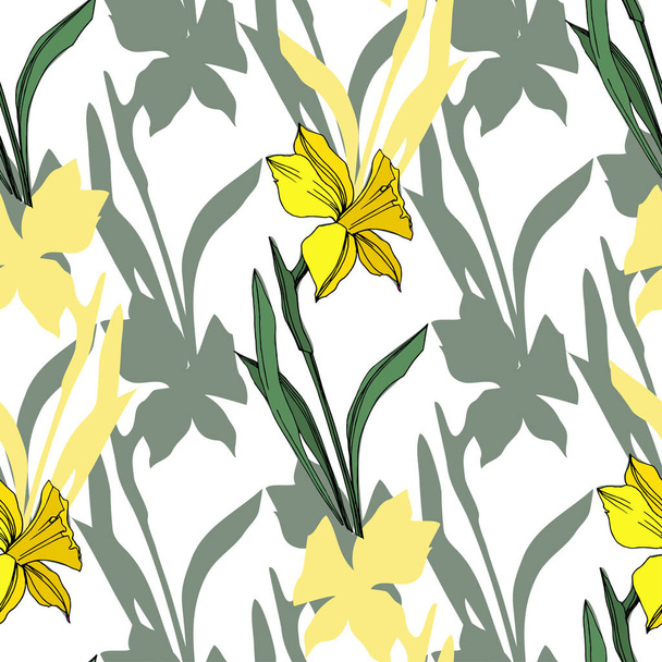 Vector Yellow Narcissus floral botanical flower. Wild spring leaf wildflower isolated. Engraved ink art. Seamless background pattern. Fabric wallpaper print texture. - ベクター画像