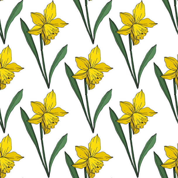 Vector Yellow Narcissus floral botanical flower. Wild spring leaf wildflower isolated. Engraved ink art. Seamless background pattern. Fabric wallpaper print texture. - Vektör, Görsel