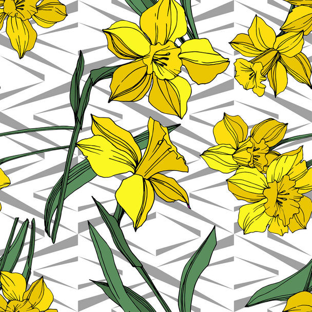 Vector Yellow Narcissus floral botanical flower. Wild spring leaf wildflower isolated. Engraved ink art. Seamless background pattern. Fabric wallpaper print texture. - ベクター画像