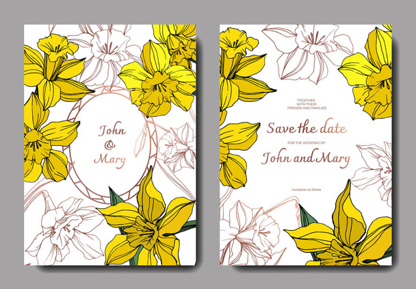 ベクター黄色いスイセンの花植物花。野生春葉が分離されました。刻まれたインク アート。結婚式背景カード花装飾的なボーダー。エレガントなカード イラスト グラフィック バナーの設定. - ベクター画像