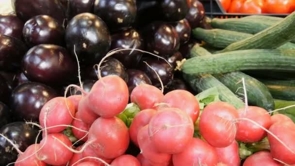 Various vegetables on the counter of the grocery market. Healthy food, fiber, diet, inscription in Hungarian. - Footage, Video