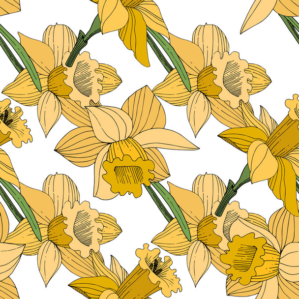Vector Yellow Narcissus floral botanical flower. Wild spring leaf wildflower isolated. Engraved ink art. Seamless background pattern. Fabric wallpaper print texture. - Vektor, obrázek