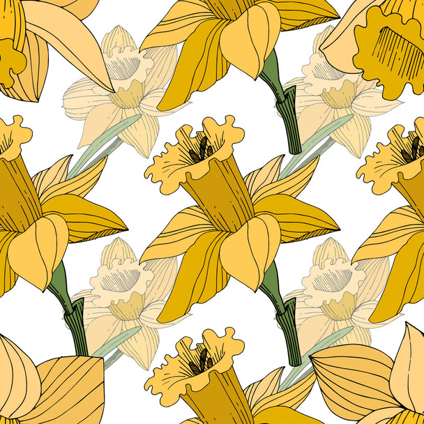 Vector Yellow Narcissus floral botanical flower. Wild spring leaf wildflower isolated. Engraved ink art. Seamless background pattern. Fabric wallpaper print texture. - Вектор, зображення