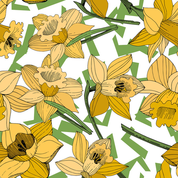 Vector Yellow Narcissus floral botanical flower. Wild spring leaf wildflower isolated. Engraved ink art. Seamless background pattern. Fabric wallpaper print texture. - Vektör, Görsel