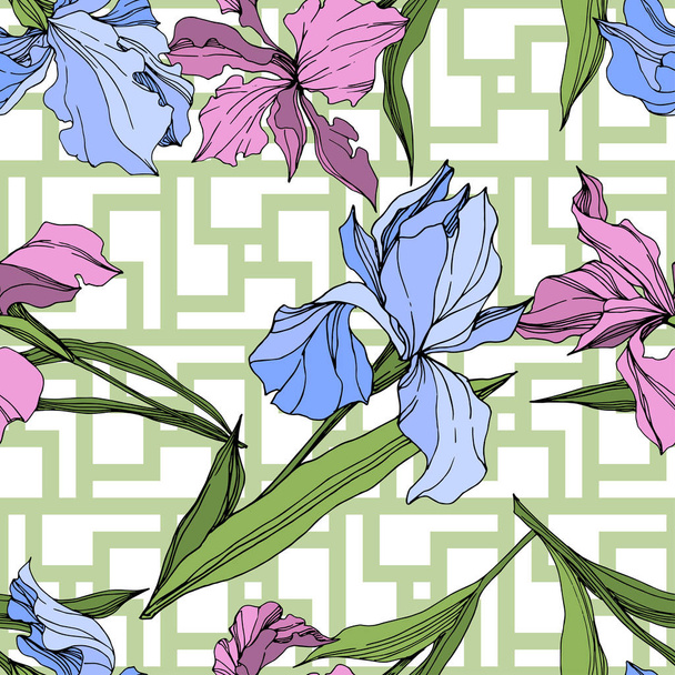 Vector pink and blue irises. Engraved ink art. Seamless background pattern. Fabric wallpaper print texture. - Vector, Image