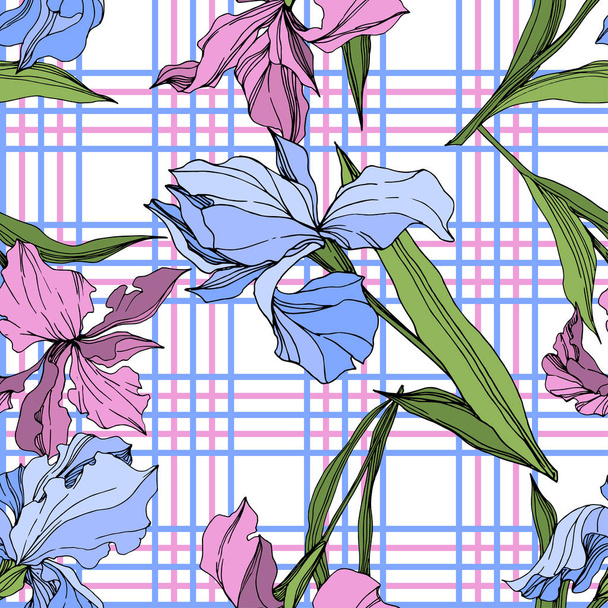 Vector pink and blue irises. Engraved ink art. Seamless background pattern. Fabric wallpaper print texture. - Vector, imagen