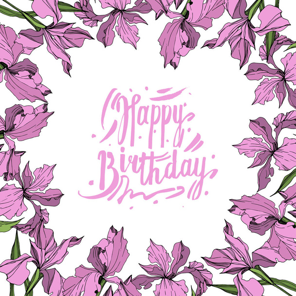 Vector Pink iris floral botanical flower. Wild spring leaf wildflower isolated. Engraved ink art. Frame border ornament square. - Вектор, зображення