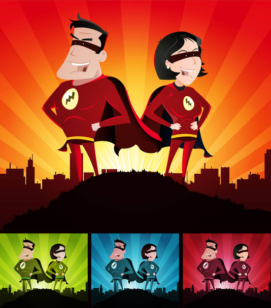 Cartoon Couple Of Super Heroes Set/ Illustration of a cartoon super hero man and woman standing proudly with the cityscape over the sunlight beams in four colors - Vector, Image