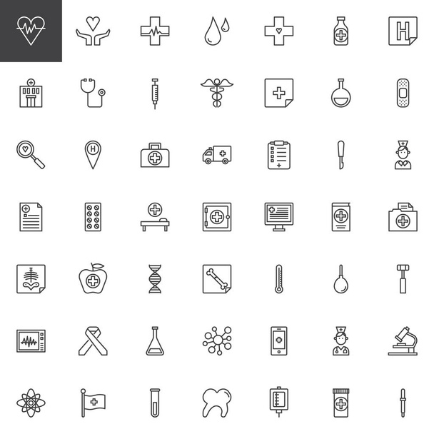 Evrensel sağlık öğeleri satır Icons set, Anahat vektör simgesi toplama, doğrusal tarz piktogram paketi. İşaretler, logo illüstrasyon. Kardiyogram, hastane, stetoskop, ilaç olarak simgeler içerir - Vektör, Görsel