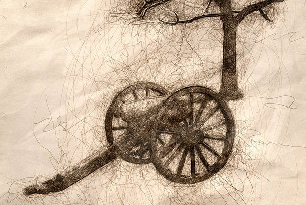 Skizze einer amerikanischen Bürgerkriegskanone und eines nahegelegenen Baumes - Foto, Bild