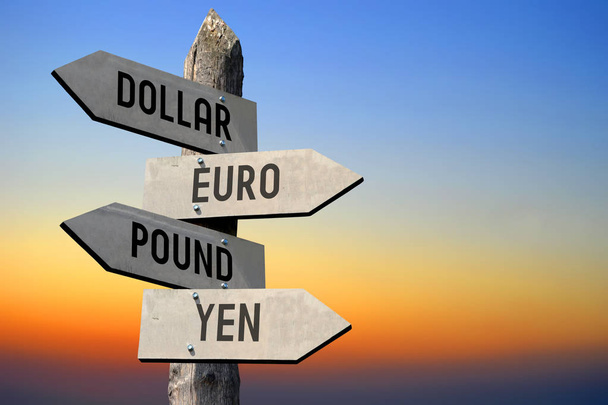 Dollar, euro, pound, yen signpost - Photo, Image