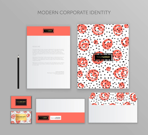 Πρότυπο εταιρικής ταυτότητας. Εταιρική ταυτότητα σχεδιασμού Mockup διάνυσμα Megapack σύνολο χαρτικών. Μοντέρνα ζουν κοραλλιών - Διάνυσμα, εικόνα