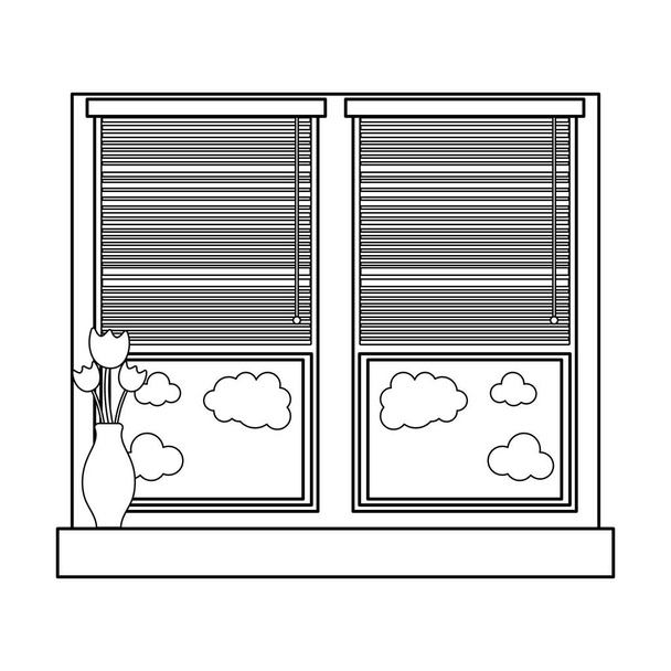 Linienfenster mit blindem Vorhang und Fower im Inneren des Glasvektors Illustration - Vektor, Bild