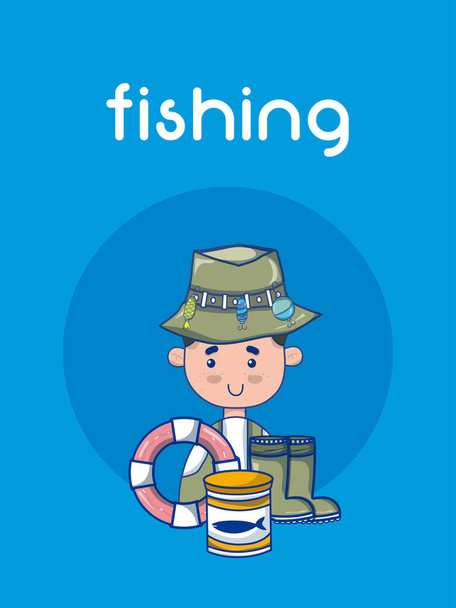 Roztomilý rybář s zařízení kreslené vektorové ilustrace grafický design - Vektor, obrázek