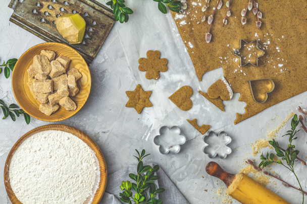 Culinary Spring or Christmas food background. Ingredients for ginger cookies. Dough for baking. View from above. - Φωτογραφία, εικόνα