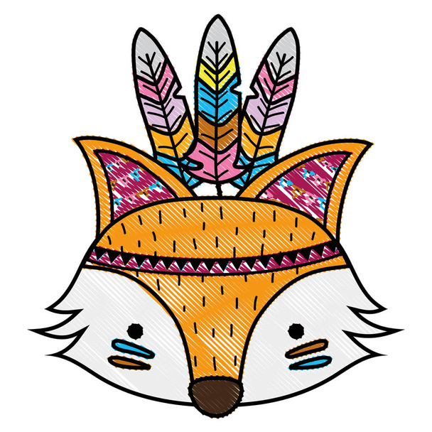 grated cute fox head animal with feathers vector illustration - Vector, Image