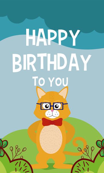 Cat cartoon on happy birthday card vector illustration graphic design - Vetor, Imagem