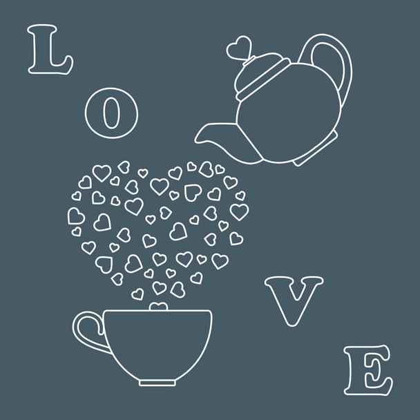Vector illustration with kettle, cup of tea, hearts. Happy Valentine's Day. Design for party card, banner, poster or print. - Vektör, Görsel