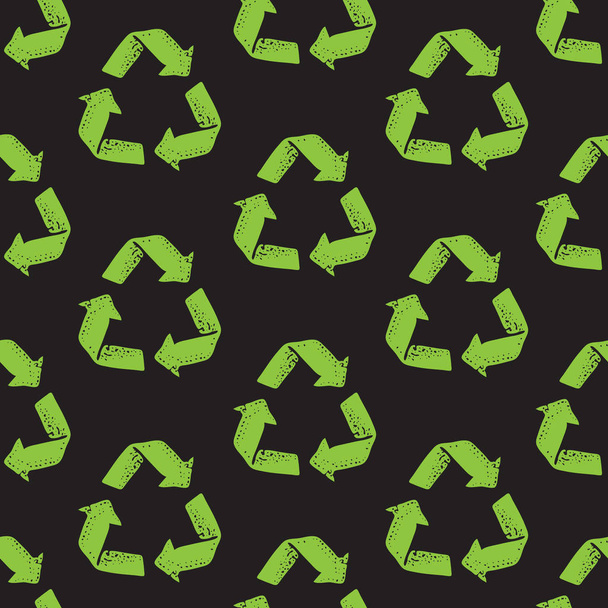 Patrón sin costuras con símbolo de reutilización de reciclaje aislado sobre fondo negro. Signo de reciclaje para el diseño ecológico cero residuos estilo de vida
.  - Vector, imagen