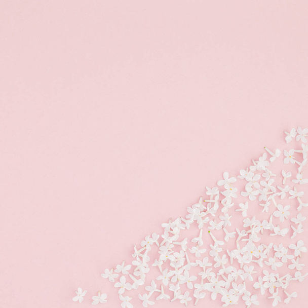 Concepto plano creativo vista superior de pétalos de flores lila blanca sobre fondo rosa pastel con espacio de copia en estilo mínimo, plantilla para letras, texto o diseño
 - Foto, imagen