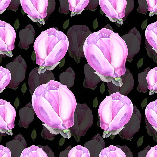 Акварель бесшовный узор с иллюстрацией нежного розового цветка магнолии на черном фоне
 - Фото, изображение