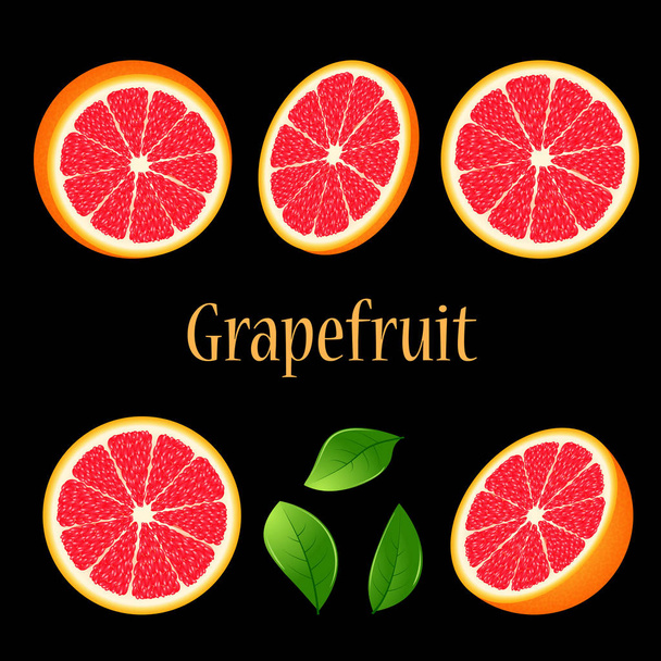 set - Sliced ripe red grapefruit and green leaves isolated on black. tropical fruits. Juicy grapefruit. Drawing in realistic style. For design of posters, menus, banners, flyers, covers. - Photo, Image