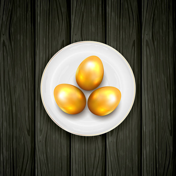 Golden Easter eggs with plate on black wooden background, illustration. - Vector, imagen