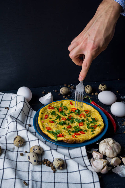 Homemade omelette on plate with hand. Healthy food concept. - Foto, Bild