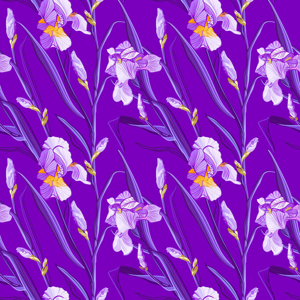 Floral pattern with iris flowers. Seamless vector pattern with colorful iris flowers. - Вектор,изображение