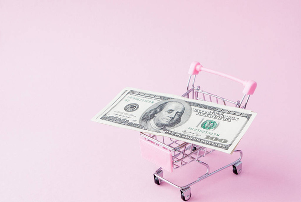 Supermarket Cart Full of US Dollar banknotes on a pink background with Copy Space. Free trade. money market. Minimalism style. Shop trolley at supermarket. Sale, discount. - Photo, Image