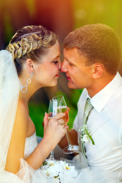 luz solar Noiva e noivo no casamento casal segurando vidro de touc
 - Foto, Imagem