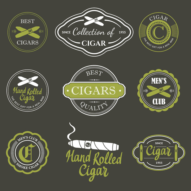 Ilustración vectorial con logotipo y etiquetas. Símbolos simples tabaco, cigarro. Tradiciones de humo. Elementos decorativos, icono para tu diseño. Estilo caballero.
. - Vector, imagen