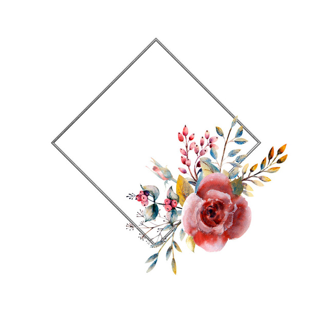 Set of flower branches. Pink rose flower, green leaves, red . Wedding concept with flowers. Floral poster, invitation. Watercolor arrangements for greeting card or invitation design. - Φωτογραφία, εικόνα