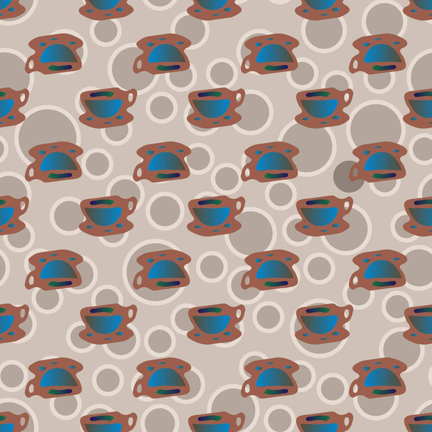 Cups of coffee or tea with dots on background seamless pattern. - Vector, Imagen