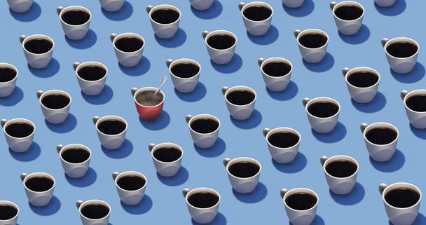 Destacar en una multitud es el tema de esta imagen donde tazas idénticas de café están en filas, pero una taza es diferente de las otras. Diferente, color, derramado, etc. Esta es una ilustración.
. - Foto, Imagen