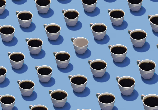 Standing out in a crowd is the theme of this image where identical cups of coffee are in rows but one cup is different from the others. Different, color, spilled, etc. This is an illustration. - Photo, Image
