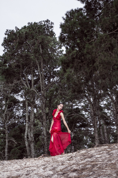 attraktive junge Mädchen in atemberaubendem roten Kleid - Foto, Bild