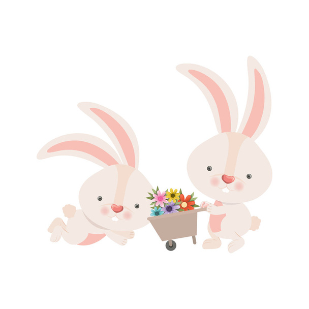 кролики з візком і квітами ізольовані значок
 - Вектор, зображення