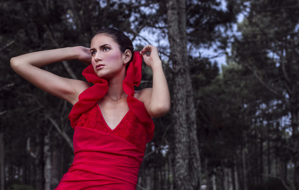 çarpıcı kırmızı elbise güzel genç kız - Fotoğraf, Görsel
