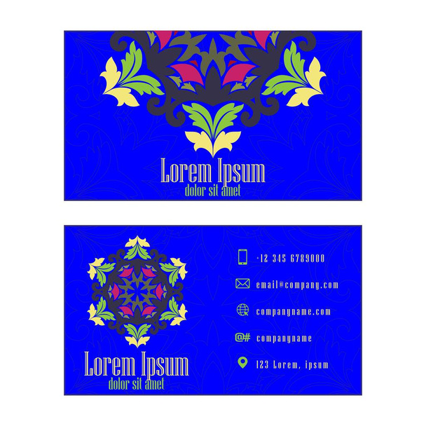 Blue Vector Vintage Visitenkarte. Blumen Mandala Muster und Ornamente. Orientalisches Design. islam, arabisch, indisch, osmanisch. Titelseite und Rückseite. - Vektor, Bild
