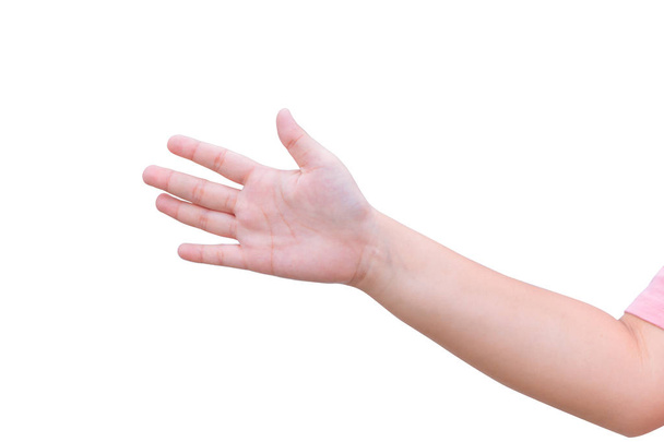 Meisje vet hand open palm geïsoleerd op witte achtergrond - Foto, afbeelding