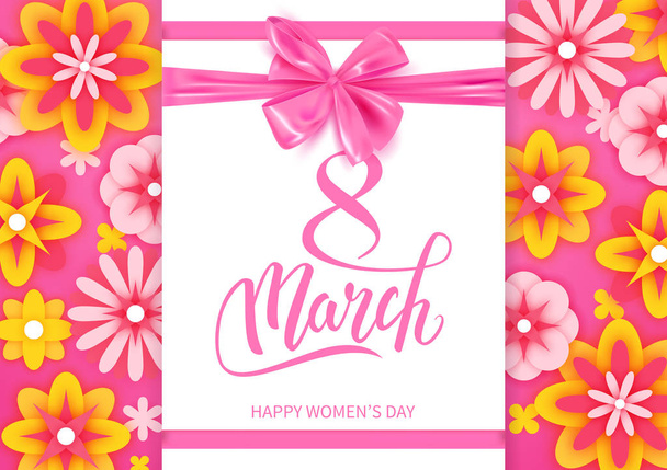 Happy International Women's Day decorative postcard banner with beautiful spring flowers, 8 March, vector illustration - Vector, Image