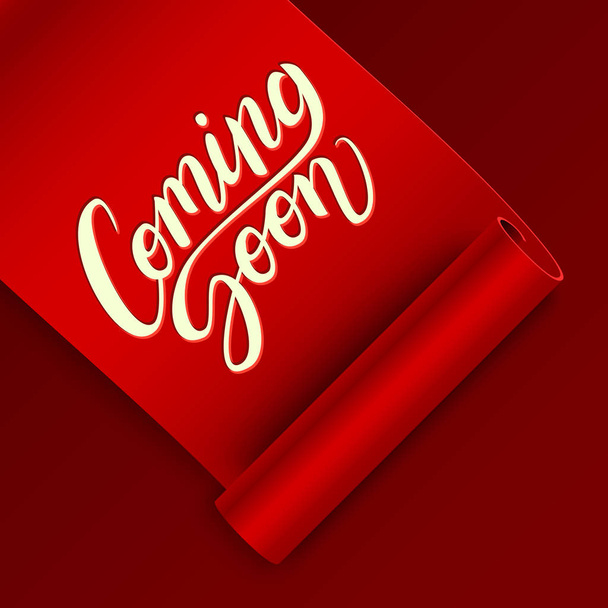 Coming soon calligraphic lettering text composition on realistic red ribbon isolated on white, vector illustration - Vector, Image