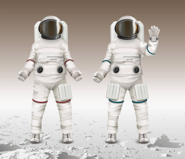 Vector illustration of two astronauts wearing space suits and walk exploring mars on moon - Vector, Imagen