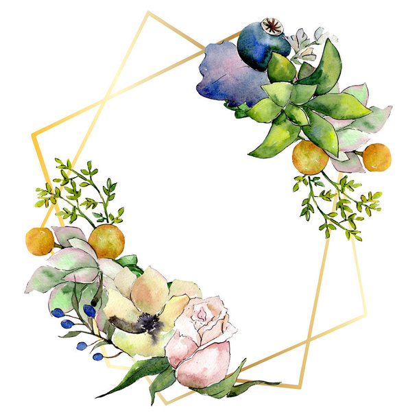 Bouquets con succulenti fiori botanici. Acquerello sfondo illustrazione set. Cornice bordo cristallo ornamento quadrato
. - Foto, immagini