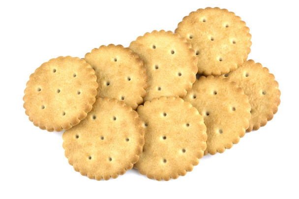 白い背景に、食品の概念を分離した乾燥ラウンド クラッカー クッキー - 写真・画像