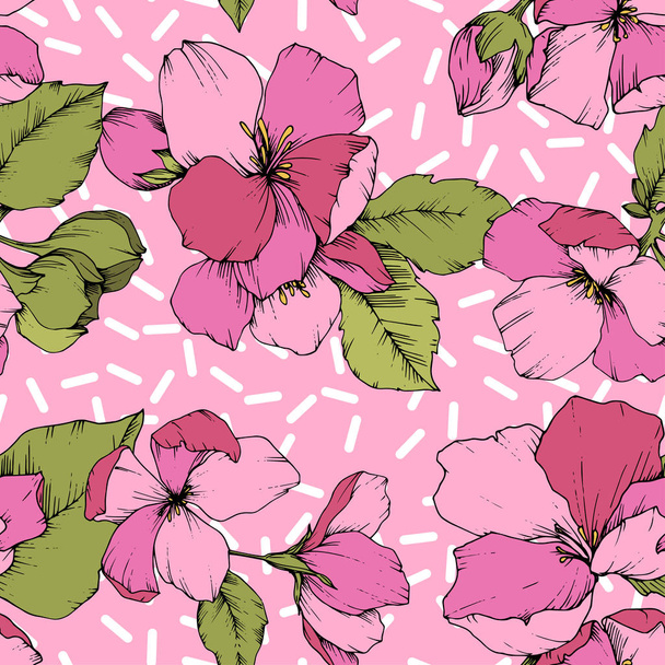 Vector Pink Apple blossom floral botanical flower. Wild spring leaf isolated. Engraved ink art. Seamless background pattern. Fabric wallpaper print texture. - Vektör, Görsel
