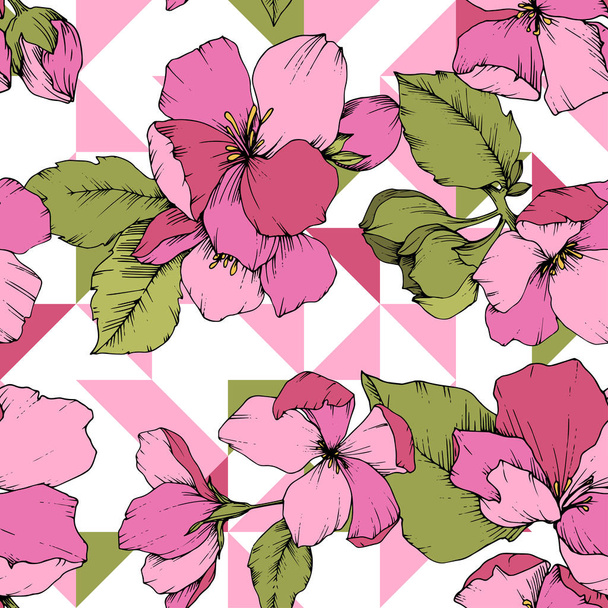 Vector Pink Apple blossom floral botanical flower. Engraved ink art. Seamless background pattern. - Vector, Image