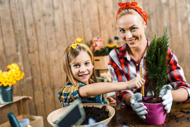 foyer sélectif de fille mignonne tenant petit râteau près de la plante en pot près de la mère dans des gants
 - Photo, image