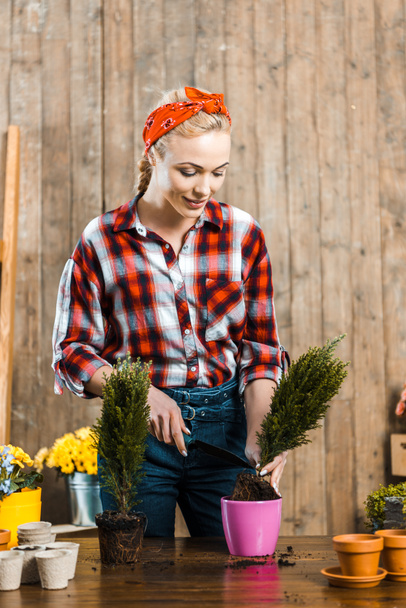 Fürsorgliche Frau hält Schaufel, während sie Pflanze in Topf pflanzt  - Foto, Bild